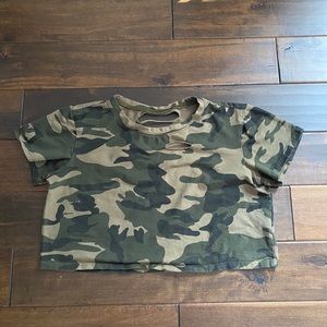 Distressed camo cropped tee